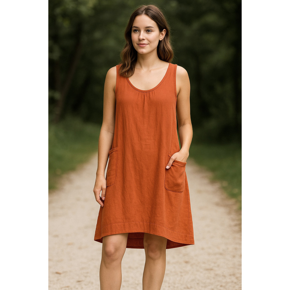 Zanzea XL Lagenlook 100% Cotton Scooop Neck Tank Tent Dress Orange Caftan